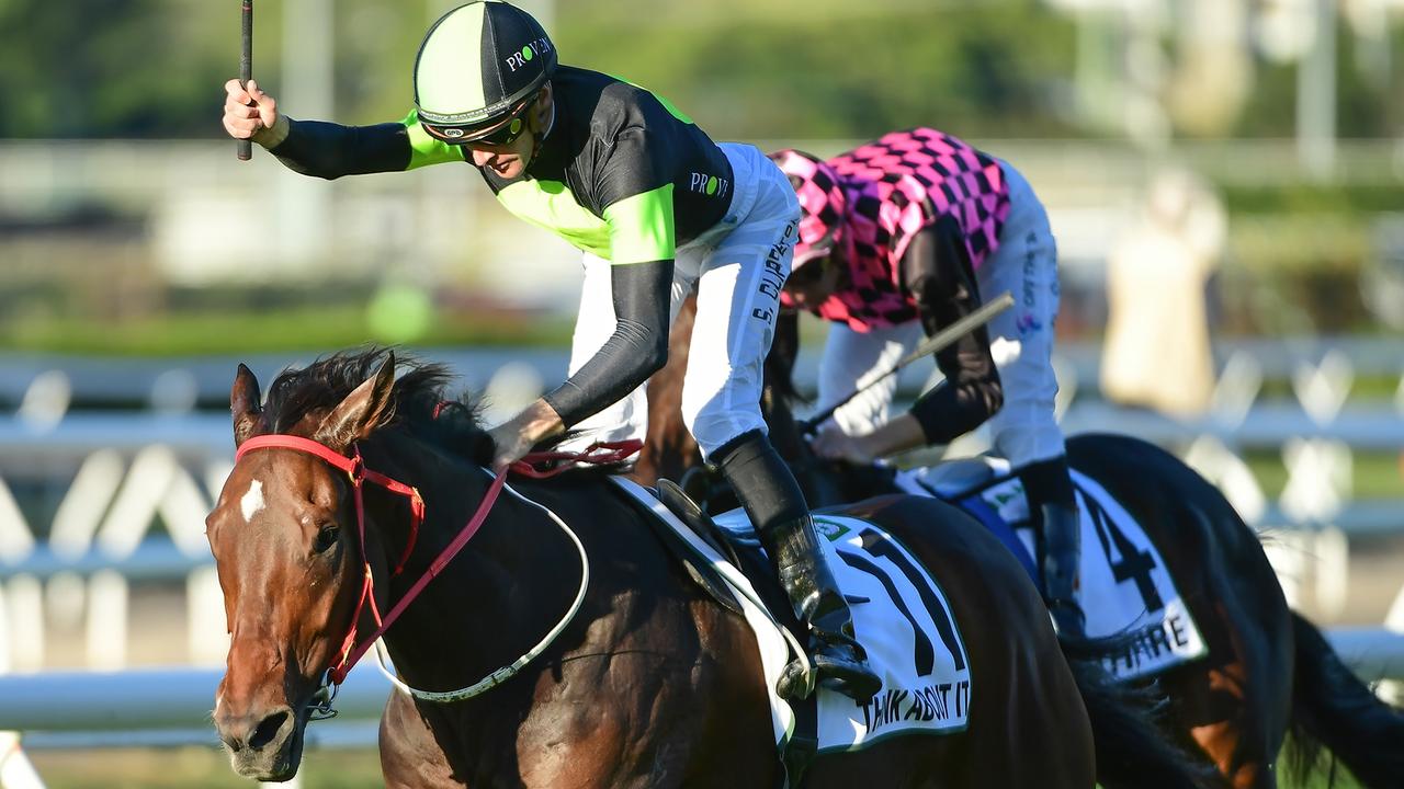 Supplied Editorial Think About It wins the Group 1 Kingsford Smith Cup at Eagle Farm for
 trainer Joe Pride and jockey Sam Clipperton. Picture: Grant Peters, Trackside Photography