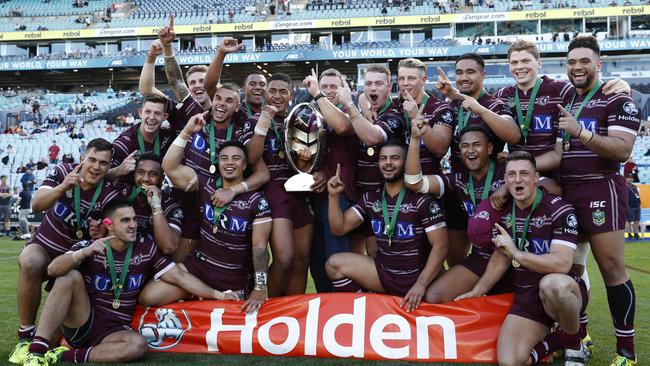 Manly players celebrate victory after the Parramatta Eels v Manly 2017 Holden Cup U20's Grand Final at ANZ Stadium, Sydney. Picture: Brett Costello