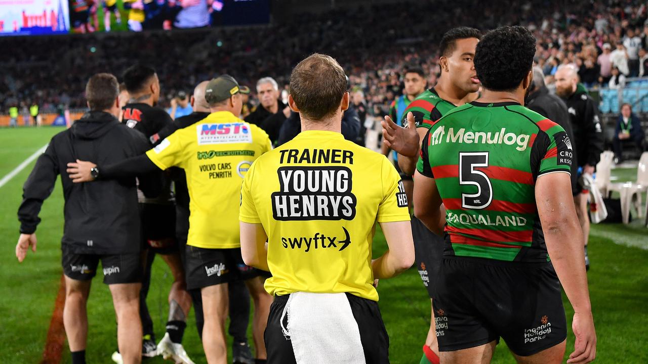 Spencer Leniu went after Taane Milne after the Souths winger clocked him high and needed to be held back to prevent a brawl. Picture: NRL Imagery