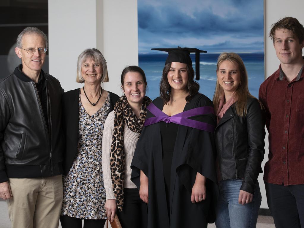 UTAS Graduation at the Hotel Grand Chancellor Hobart, Christopher Bitt, Adrienne Bitt, Louise Schrank, Kathryn Maskell, Emily Heirdsfield and Sam Maskell all of Hobart. Picture: Chris Kidd