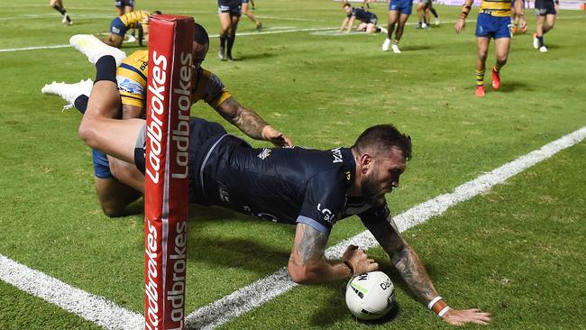 Kyle Feldt scores a try against the Eels. Picture: Ian Hitchcock/Getty Images