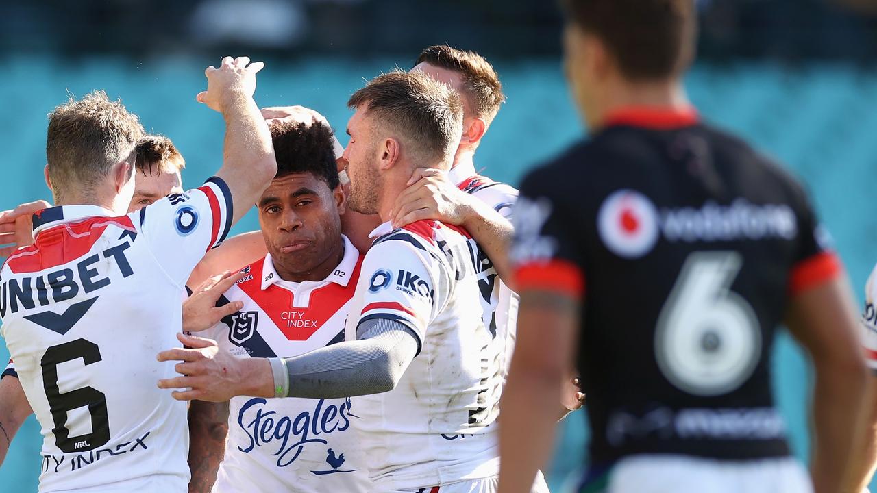 SYDNEY, AUSTRALIA - APRIL 17: Kevin Naiqama of the Roosters celebrates scoring a try during the round 6 NRL match between the Sydney Roosters and the Warriors at Sydney Cricket Ground, on April 17, 2022, in Sydney, Australia. (Photo by Cameron Spencer/Getty Images)