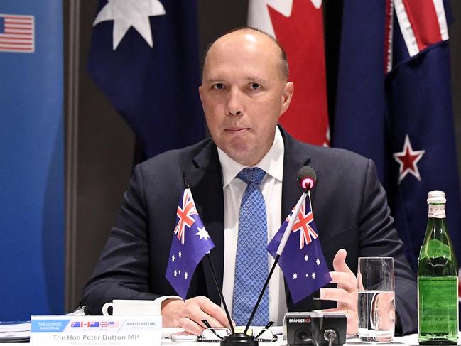 Federal Minister for Home Affairs Peter Dutton looks on during the 2018 Five Country Ministerial meeting on the Gold Coast, Tuesday, August 28, 2018. Australia is hosting the meeting that brings together the Interior Homeland Security, Public Safety and Immigration Ministers of Australia, Canada, New Zealand, United Kingdom and the United States.  (AAP Image/Dave Hunt) NO ARCHIVING