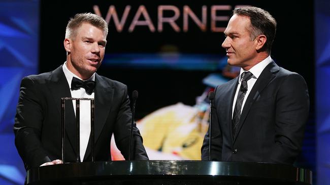 David Warner and Michael Slater at the Allan Border Medal. Picture: Michael Dodge/Getty Images