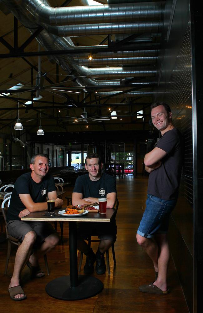 Newstead Brewing founders (L-R) Michael Conrad and Mark Howes, with chef Peter Swatton.