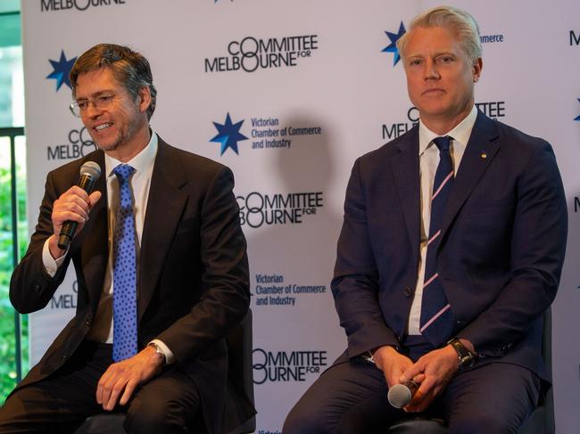 Mr Reece (left) and Arron Wood at the VCCI lord mayoral breakfast forum at Crown. Picture: Jessica Hooper