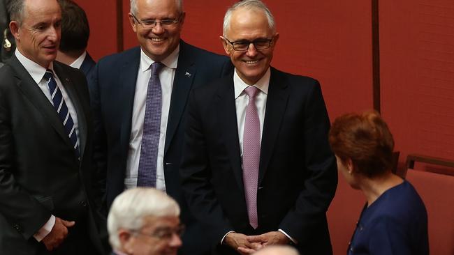 Senator Pauline Hanson talking to PM Malcolm Turnbull. Picture: Kym Smith