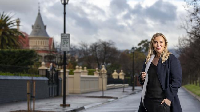 August 12, 2022: There are now 85 million-dollar suburbs in SA. Selling agent Stephanie Williams on Robe Tce in Medindie, the original million dollar suburb. Picture: Naomi Jellicoe