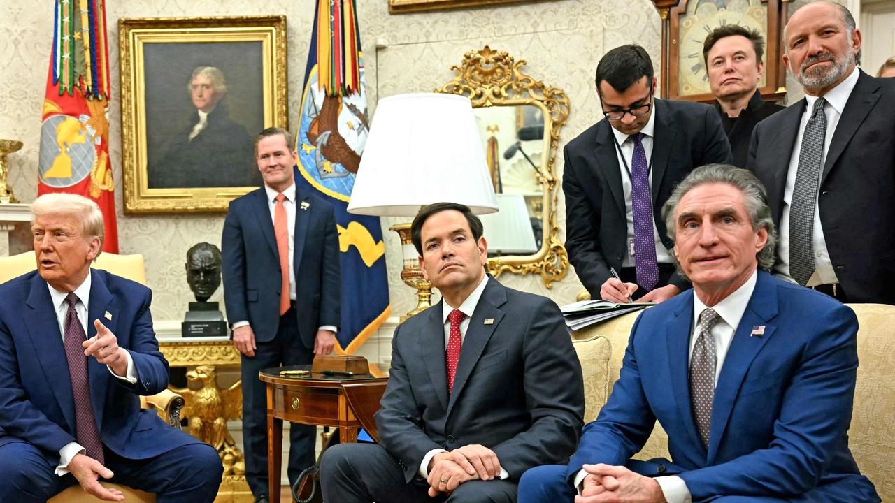 President Trump speaks with the press with Secretary of State Marco Rubio (2nd R), Secretary of the Interior Doug Burgum (R), Elon Musk (top C) and Secretary of Commerce nominee Howard Lutnick (top R). Picture: Jim Watson / AFP