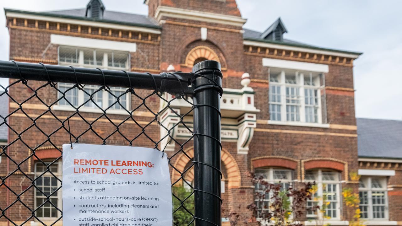 A sign outside St Kilda Primary school notifying of limited access under remote learning restrictions in Melbourne, Australia. Picture: Asanka Ratnayake/Getty Images