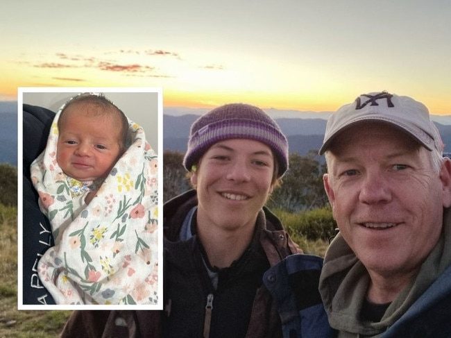 Grant Stevens (right) with late son Charlie and inset Annabelle Charlie Tregoen, Mr Stevens' new grandchild.