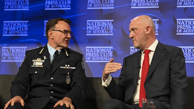 AFP Commissioner Reece Kershaw and ASIO director-general Mike Burgess addressed the NPC on Wednesday. Picture: NCA NewsWire / Martin Ollman