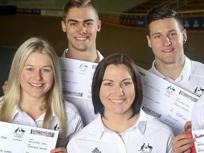 CYCLING - The Olympic Rio Cycling team announced at the Superdrome in Adelaide. Off To Rio!! - The Sprint team - headed up by Anna Meares (front centre) (clockwise from Anna) Stephanie Morton, Matthew Glaetzer, Patrick Constable and Nathan Hart. Picture Sarah Reed