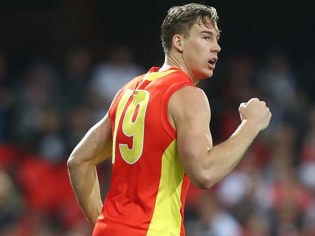 GOLD COAST, AUSTRALIA - JULY 15:  Tom Lynch of the Suns celebrates a goal during the round 17 AFL match between the Gold Coast Suns and the Collingwood Magpies at Metricon Stadium on July 15, 2017 in Gold Coast, Australia.  (Photo by Chris Hyde/Getty Images)