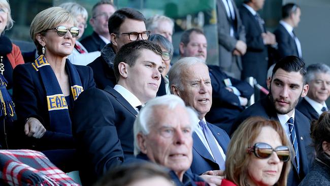 Joe Biden with Mason Cox and Matt Korcheck as foreign minister Julie Bishop looks on. Picture: Mark Stewart