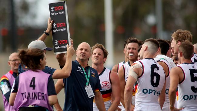 Adelaide Crows coach Matthew Nicks addresses players at training. Picture: AAP Image/Kelly Barnes