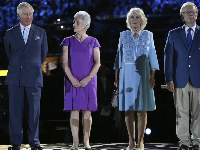 Prince Charles and Camilla, Duchess of Cornwall, with Aboriginal elder Patricia O'Connor and Peter Beattie.