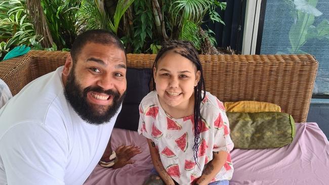 Former NRL star Sam Thaiday with Maddi, 23, who has had a liver transplant and is now on the waitlist for kidney transplant.