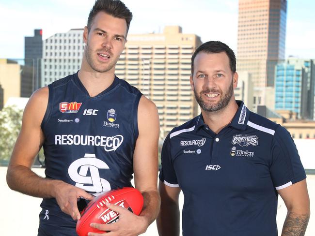 SANFL season launch at Adelaide Oval. South bAdelaide Coach Jarrad Wright and player Keegan Brooksby. 27 March 2018. (AAP Image/Dean Martin)