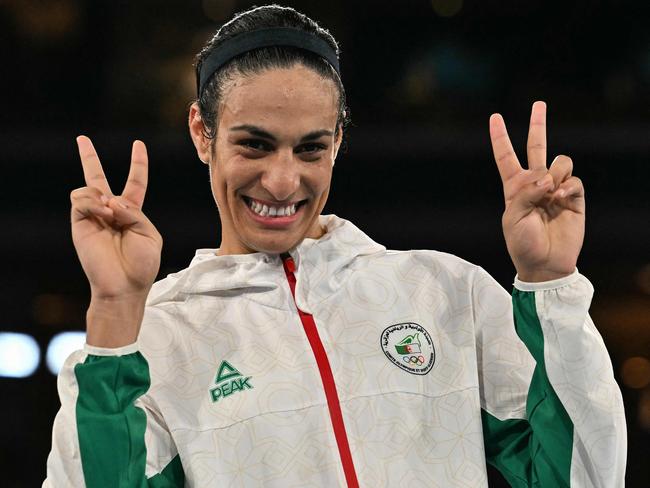 Gold medallist Algeria's Imane Khelif poses on the podium. Picture: AFP