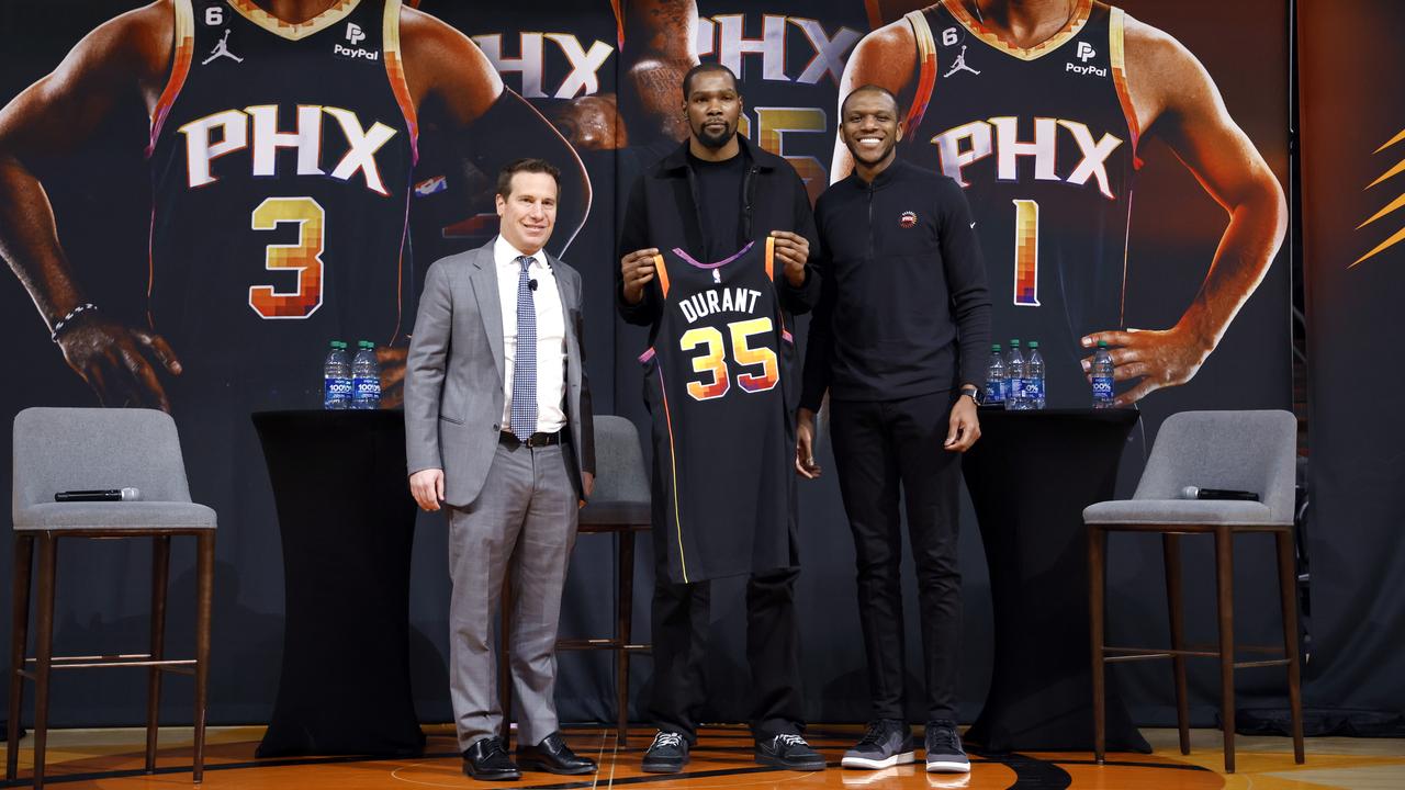 Owner Mat Ishbia, Kevin Durant and general manager James Jones of the Phoenix Suns. Picture: Chris Coduto