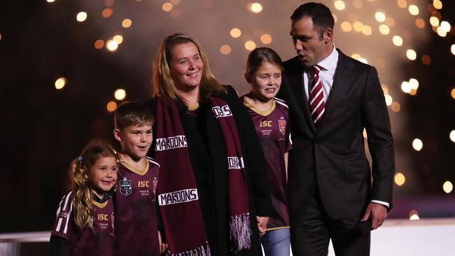 Cameron Smith and his family are presented on stage before game three. Picture: Phil Hillyard