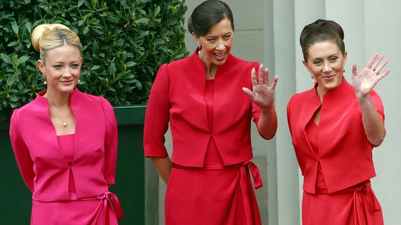 Mary’s bridesmaids in 2004 (from left), Amber Petty, Jane Stephens and Patricia Bailey. Picture: AP Photo/John McConnico