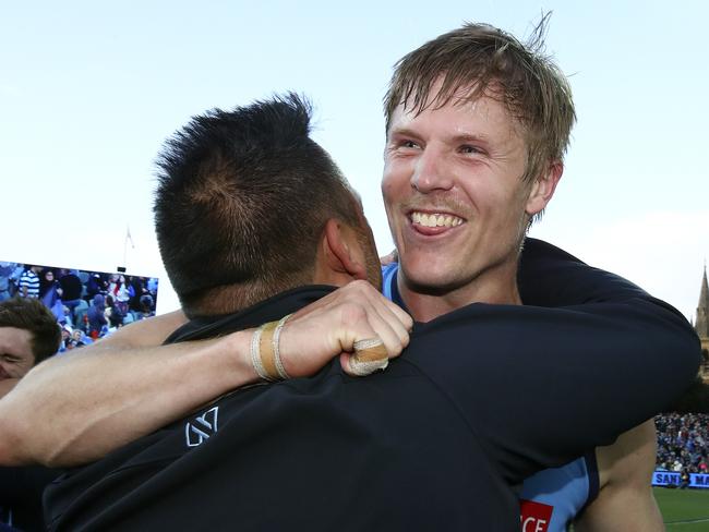 Kory Beard celebrates a win with Sturt. Picture: Sarah Reed