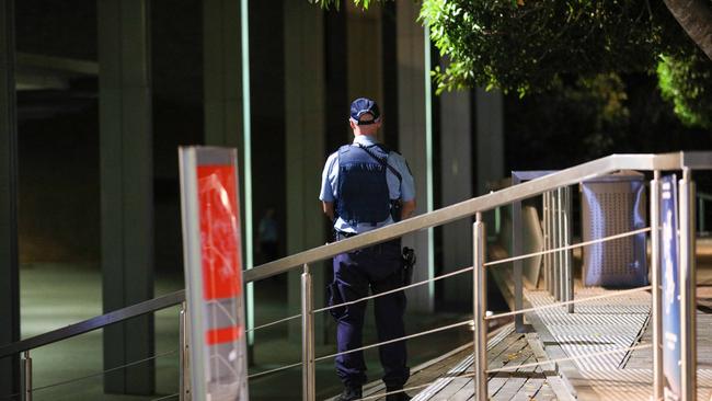 Police at the scene of last night’s fight. Picture: Dean Asher