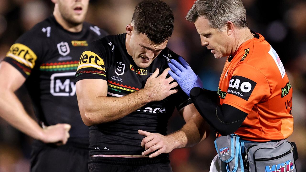 Nathan Cleary badly hurt his shoulder against the Melbourne Storm. Picture: Brendon Thorne/Getty Images)