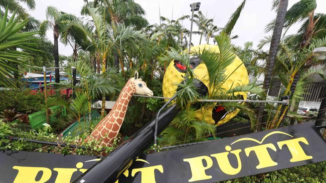 Gold Coast battered by Cyclone Alfred, as it made land. The Iconic Putt Putt giant golf ball hits the deck. Picture Glenn Hampson