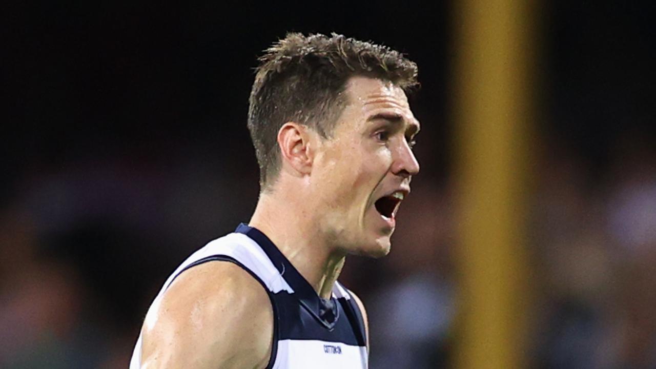 SYDNEY, AUSTRALIA - MAY 01: Jeremy Cameron of the Cats celebrates kicking a goal during the round seven AFL match between the Sydney Swans and the Geelong Cats at Sydney Cricket Ground on May 01, 2021 in Sydney, Australia. (Photo by Cameron Spencer/Getty Images)