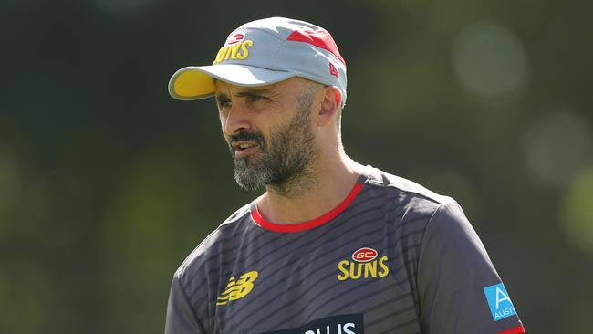 GOLD COAST, AUSTRALIA - JANUARY 22: Assistant coach Rhyce Shaw looks on during a Gold Coast Suns AFL training session at Metricon Stadium Ovals on January 22, 2021 in Gold Coast, Australia. (Photo by Chris Hyde/Getty Images)