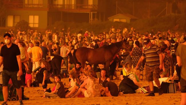 Locals seek refuge on the beach as a bushfire arrives into the township of Malua Bay NSW, just south of Batemans Bay. Picture: Alex Coppel.