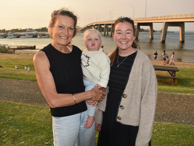 Sandy Bell, Owen and Sally Redman at the San Remo Christmas Carols at the foreshore on Friday, December 20, 2024. Picture: Jack Colantuono