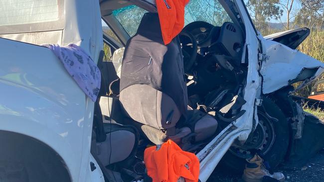 The damage to a dual-cab ute involved in a three-vehicle head-on crash on the Bruce Highway at Pindi Pindi. One person died at the scene near Rise and Shine Rd about 2.35pm Friday, July 16. Picture: RACQ CQ Rescue