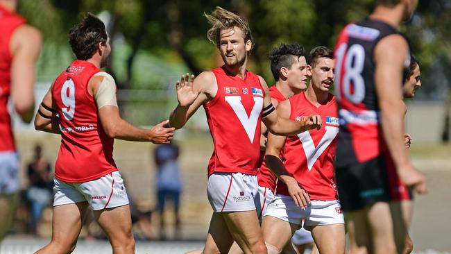 North Adelaide's Lewis Hender celebrates kicking a goal. Picture: Tom Huntley