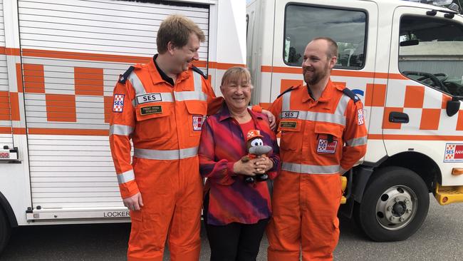 SES Bendigo rescuers Trent Ross and Brayden Verity with Marlene Wing-Quay. Picture: Julieanne Strachan