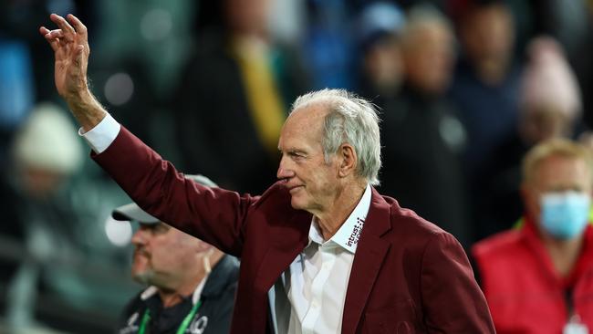 Wayne Bennett celebrates Queensland’s Origin I win at the Adelaide Oval.