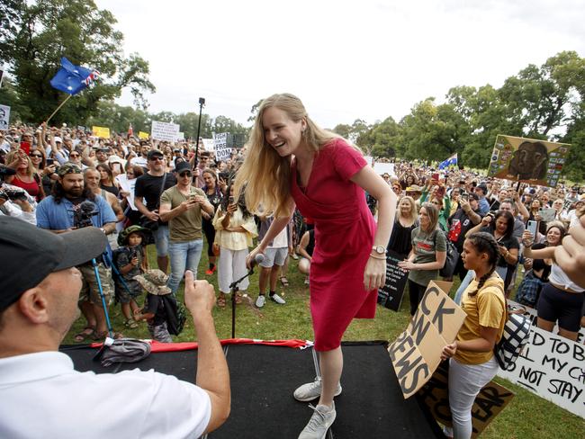 Monica Smit speaks at an anti-vaccination rally at Fawkner Park in South Yarra earlier this year. Picture: NCA NewsWire / David Geraghty