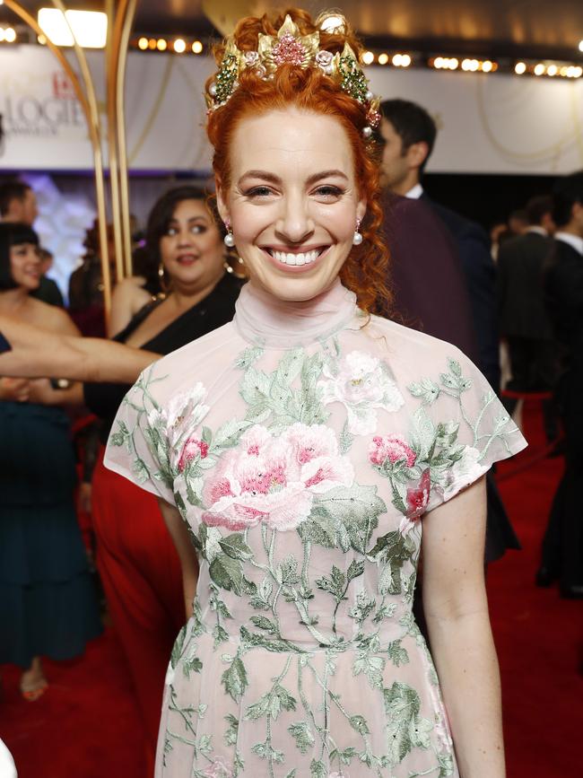 Yellow Wiggle Emma Watkins, who also has talked about her battle with endometriosis, wore couture+love+madness to the Logie Awards in 2022. Picture: Josh Woning