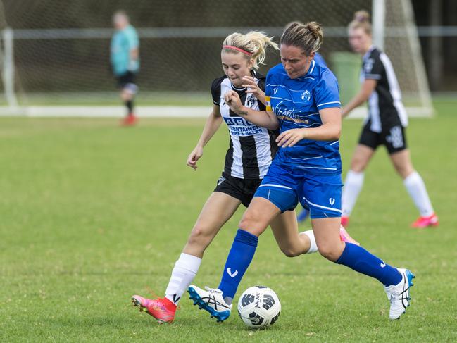 Willowburn player Sarah Staheli (left) and Dawn Holden of Rockville Rovers in Toowoomba Football League Premier Women round one at West Wanderers, Sunday, March 14, 2021. Picture: Kevin Farmer