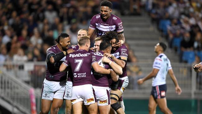 NRL 2021 SF Manly-Warringah Sea Eagles v Sydney Roosters - Manly celebration.  Must Credit NRL Photos.