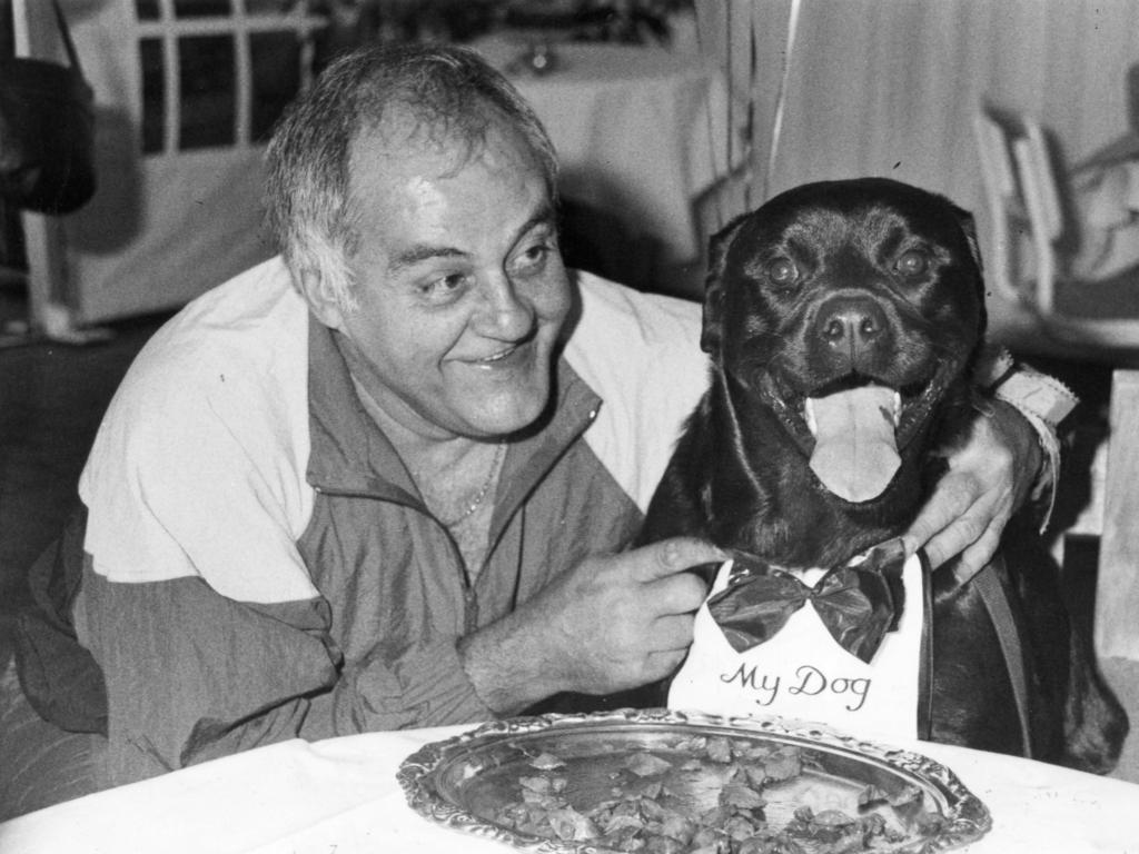 Bob Francis and his rottweiler, Kye, get ready for tucker time at the My Dog celebrity pooch party at Carrick Hill during National Pet Week, October, 1991.