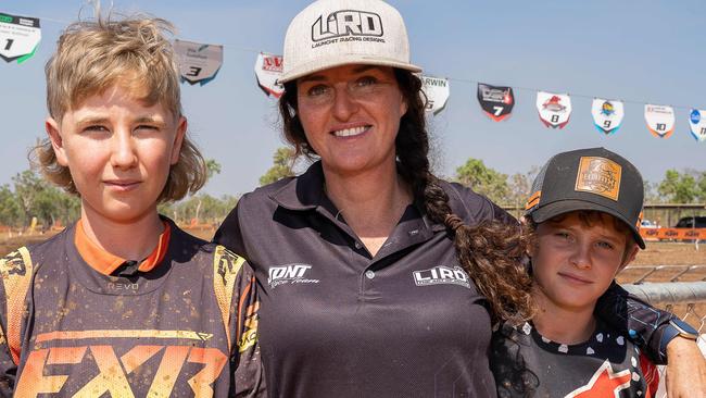 Harry Steel, Sally Woodhill and Kenny Woodhill at the 2023 KTM Australian Junior Motocross Championships, Darwin, NT, Australia. Picture: Pema Tamang Pakhrin