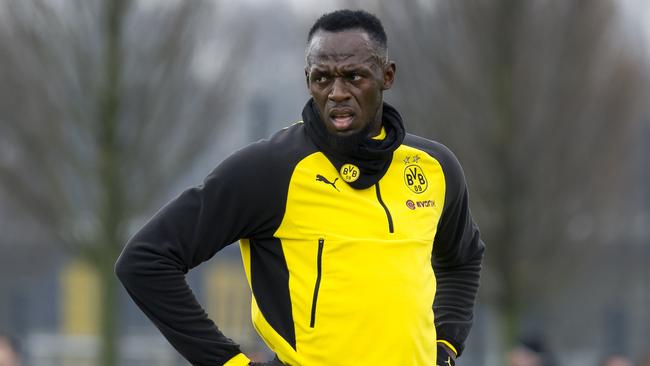 Olympic sprint champion Usain Bolt pictured training with Borussia Dortmund. The Central Coast Mariners are hoping he will trial with the club ahead of a possible A-League stint.