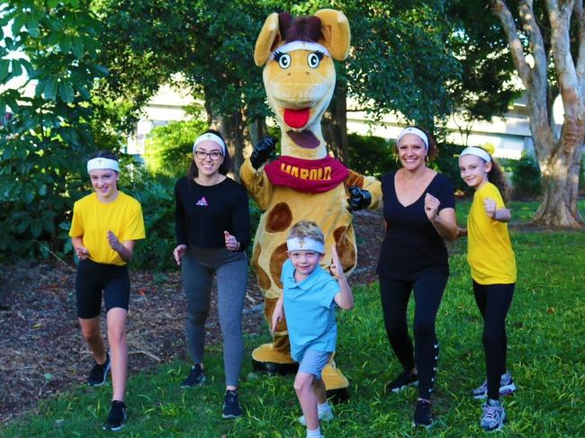 Ready for the Healthy Harold Hundred L-R Hayley Lugton, 11, Rachel Mallard, Healthy Harold, Ione Eite, Isabella Neary, 8, and at front, Harry McCann-Blow, 6.