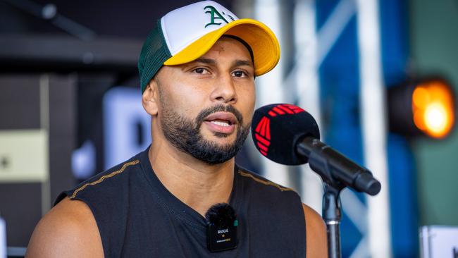 Kayne Clarke speaks at the No Limit Boxing fight promotion at Rod Laver Arena. Picture: Jake Nowakowski