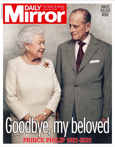 Daily Mirror UK front page after Prince Philip death.