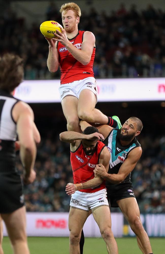 Aaron Francis flies high for the Bombers last year. Picture: AFL Media